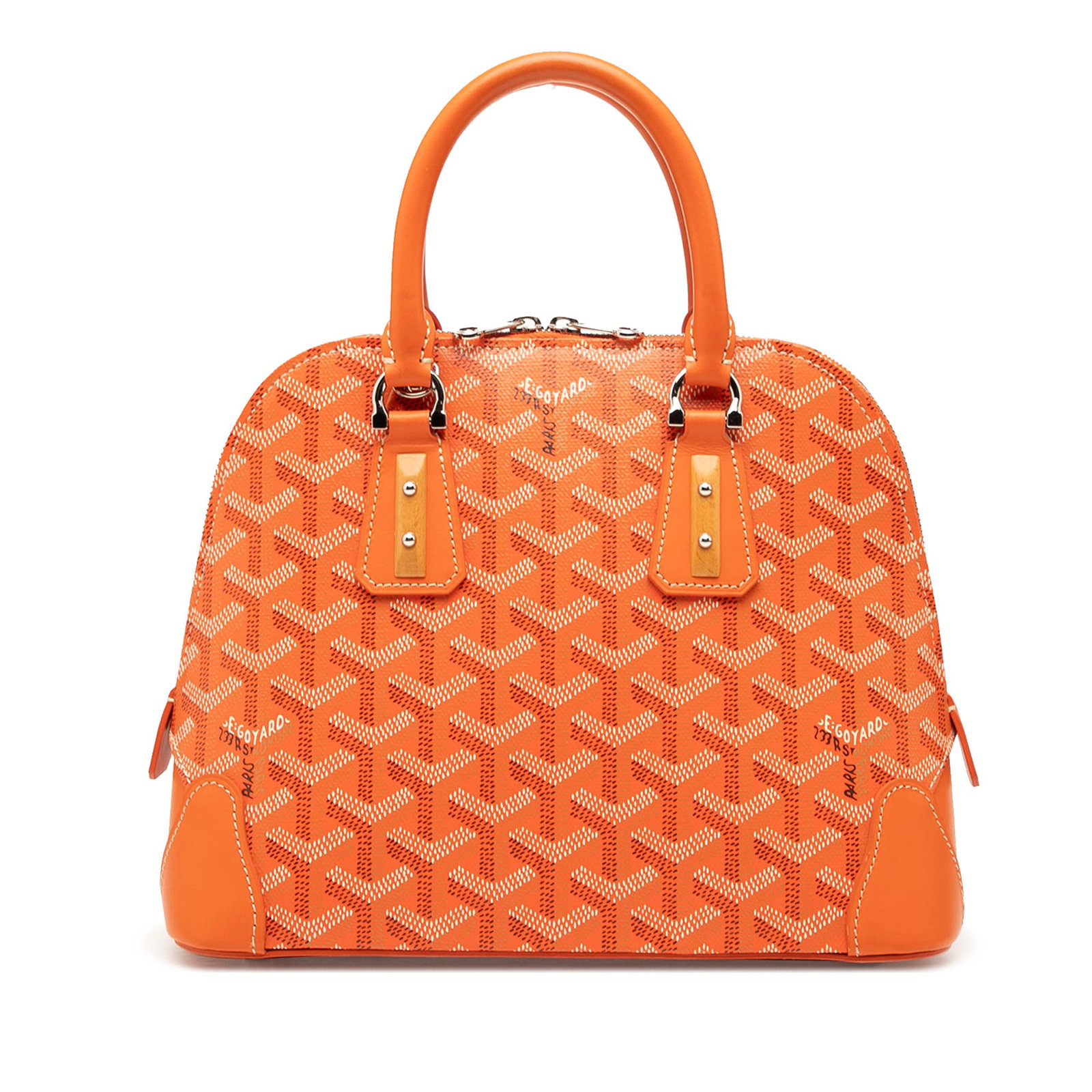 Goyard Goyardine Vendome Mini Orange Coated Canvas Bag with Leather Trim: Goyard Goyardine Vendome Mini Orange Coated Canvas Bag with Leather Trim The Goyardine Vendome Mini features a coated canvas exterior with leather trim, rolled leather handles, a top zip closure, and
