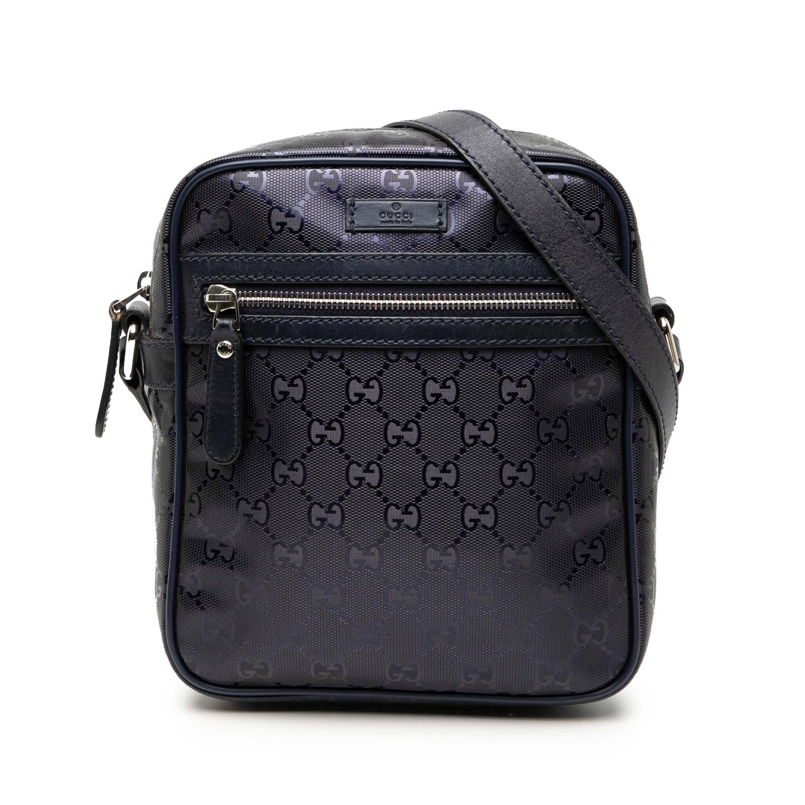 Blue GG Imprime Crossbody Bag with Leather Trim by Gucci: Blue GG Imprime Crossbody Bag with Leather Trim by Gucci This Gucci GG Imprime Crossbody bag features a blue coated canvas body with leather trim, an adjustable flat leather strap, a top zip closure,