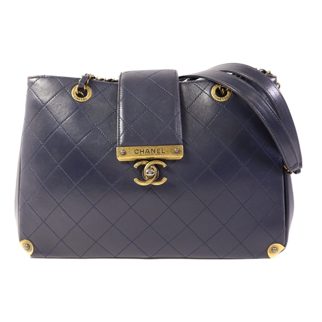CHANEL Navy Calfskin Leather Shoulder Bag with GHW Chain (1 of 18)