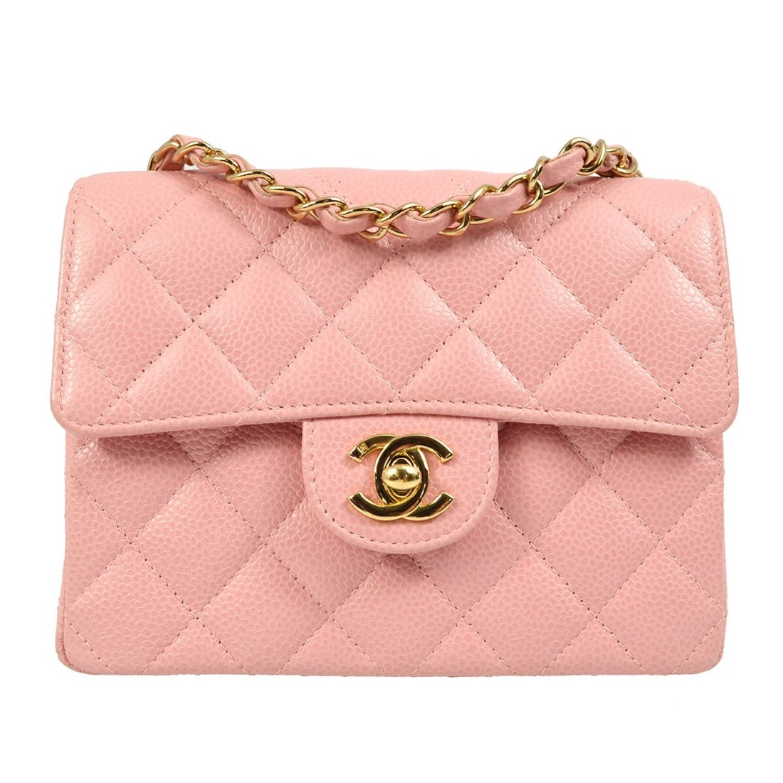 Chanel Pink Caviar Mini Square Flap Bag Classic Style: Chanel Pink Caviar Mini Square Flap Bag Classic Style This Chanel Mini Square Flap Bag is crafted from luxurious pink caviar leather, offering both elegance and durability. The stylish turn lock closu