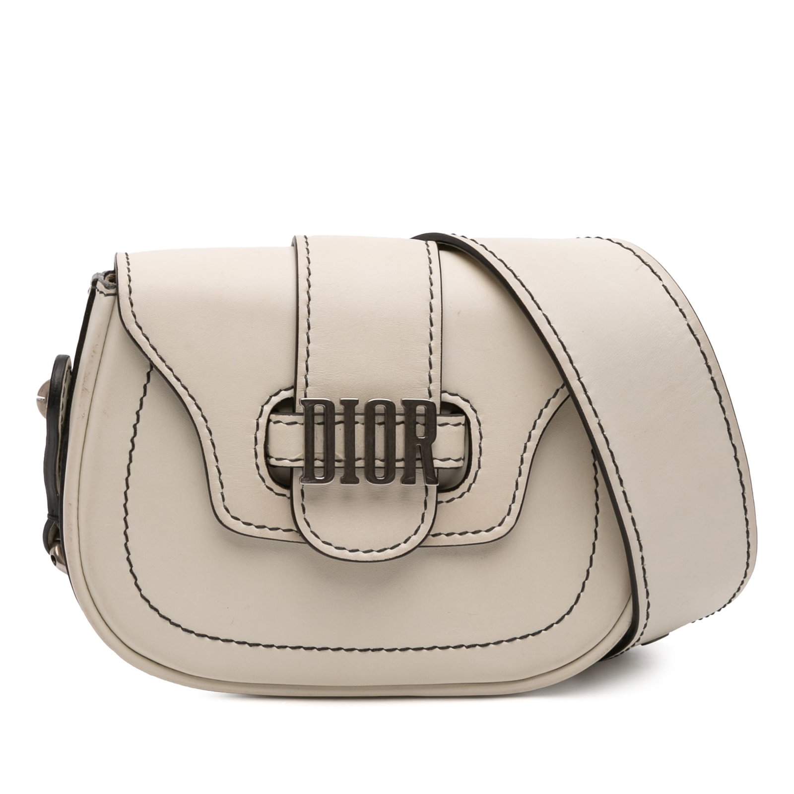 Mini D Fence Saddle White Leather Shoulder Bag by Dior: Mini D Fence Saddle White Leather Shoulder Bag by Dior This Dior Mini Leather D Fence Saddle Bag features a white leather body with a flat leather strap, a front flap with fold-in closure, and interio