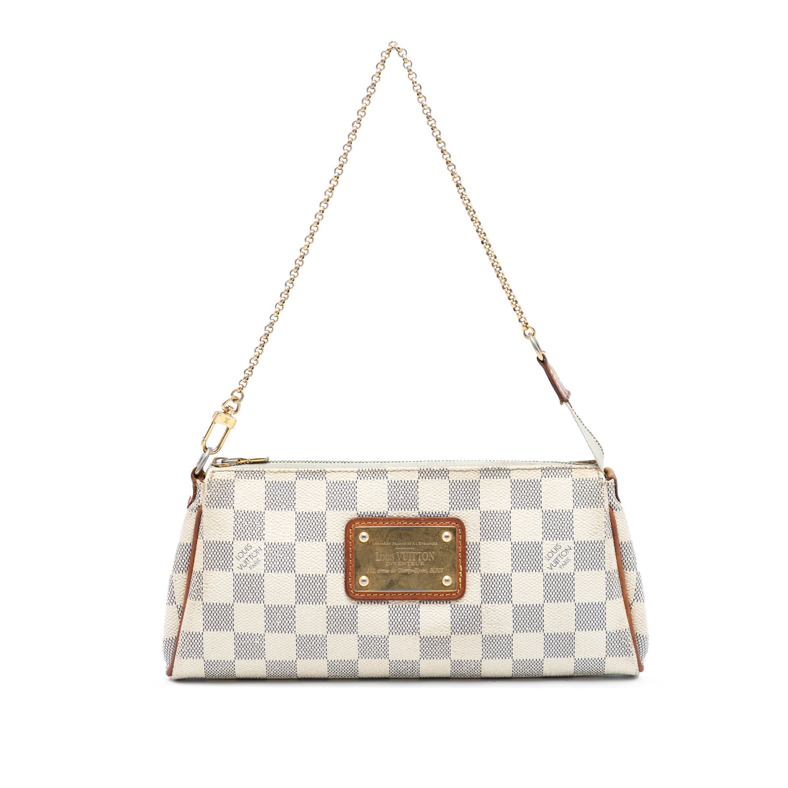 Louis Vuitton Damier Azur Eva Bag With Removable Chain Handle: Louis Vuitton Damier Azur Eva Bag With Removable Chain Handle This Louis Vuitton Damier Azur Eva bag features a damier azur canvas body, a removable chain-link handle, and a top zip closure. The bag i