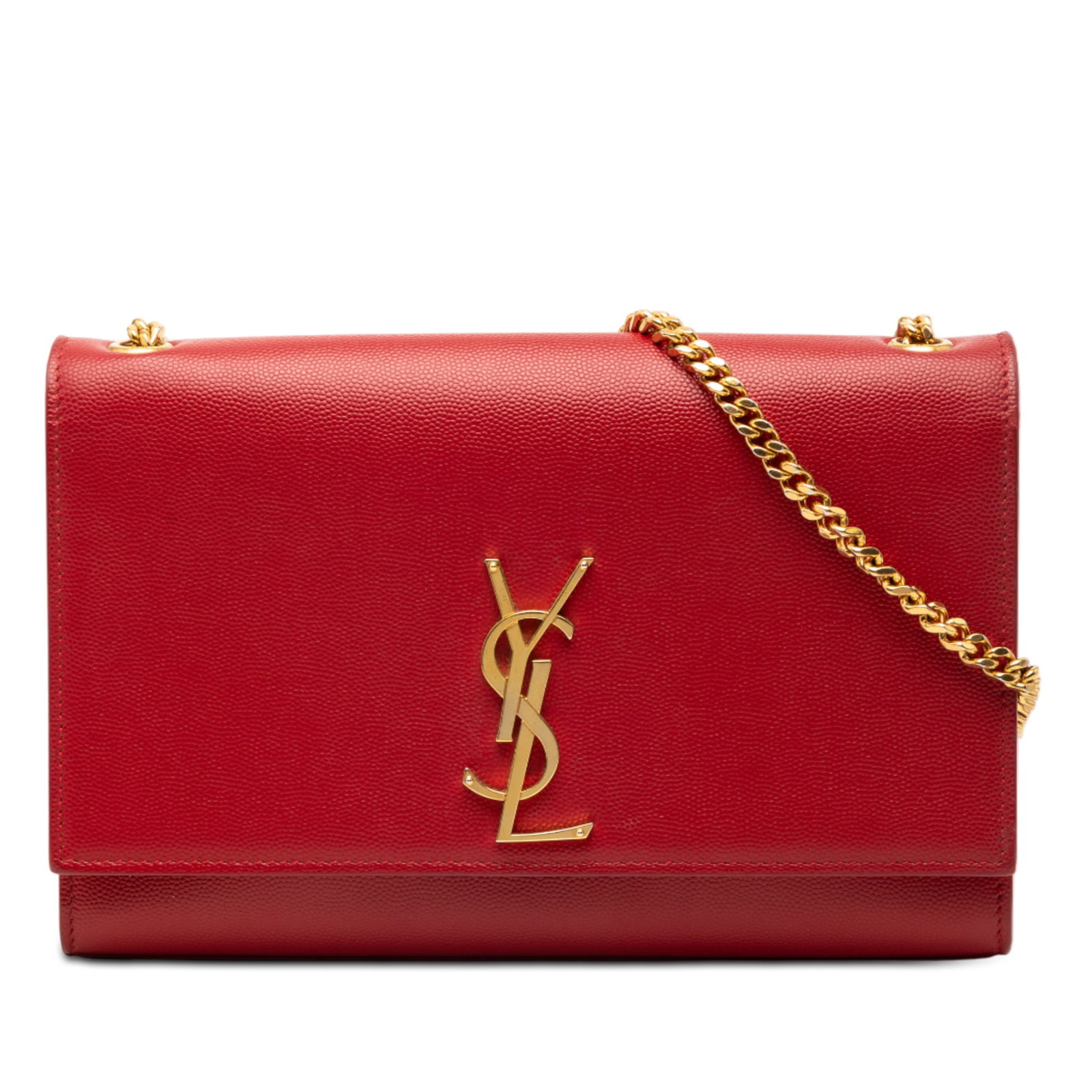 Saint Laurent Kate Medium Red Leather Monogram Crossbody Bag: Saint Laurent Kate Medium Red Leather Monogram Crossbody Bag This Saint Laurent Medium Grain De Poudre Monogram Kate Crossbody bag is crafted from leather in red and features a front flap with a metal