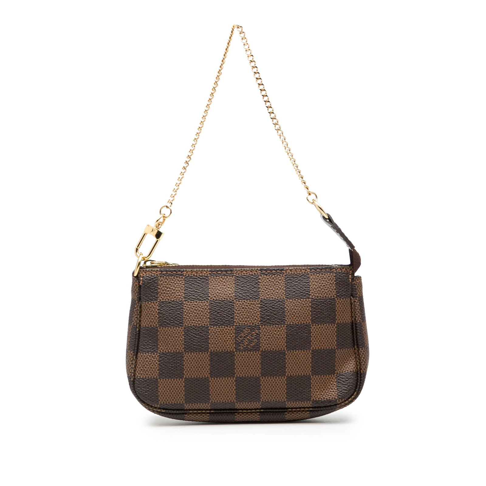 Damier Ebene Mini Pochette Accessoires brown canvas clutch with gold chain: Damier Ebene Mini Pochette Accessoires brown canvas clutch with gold chain This Louis Vuitton Damier Ebene Mini Pochette Accessoires features the iconic Damier canvas body in brown, complemented by a