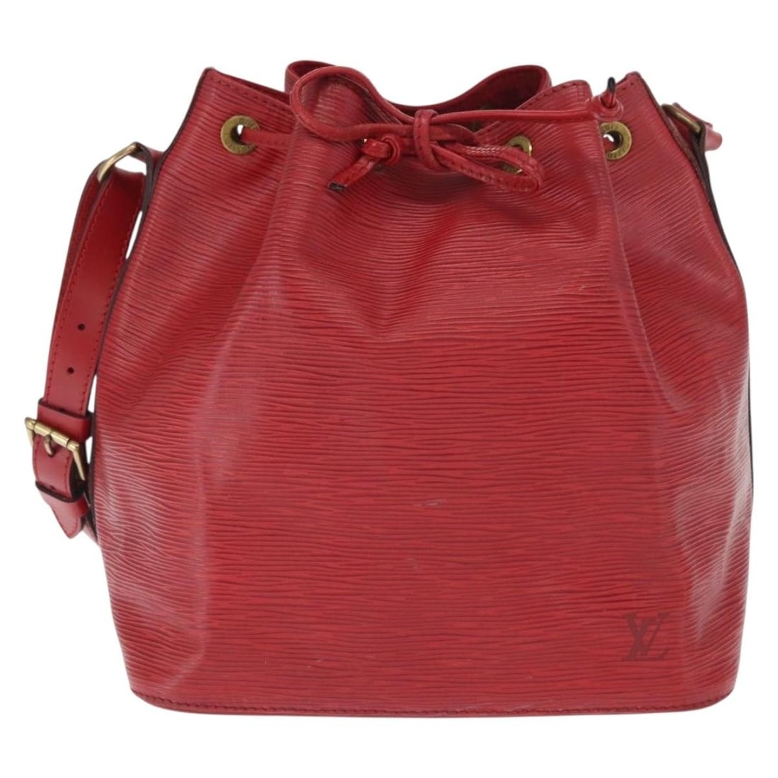 Louis Vuitton Red Petit Noe Epi Leather Shoulder Bag: Louis Vuitton Red Petit Noe Epi Leather Shoulder Bag This Louis Vuitton Petit Noe handbag is crafted from red epi leather and features a classic bucket silhouette. Designed for women, it offers a spac