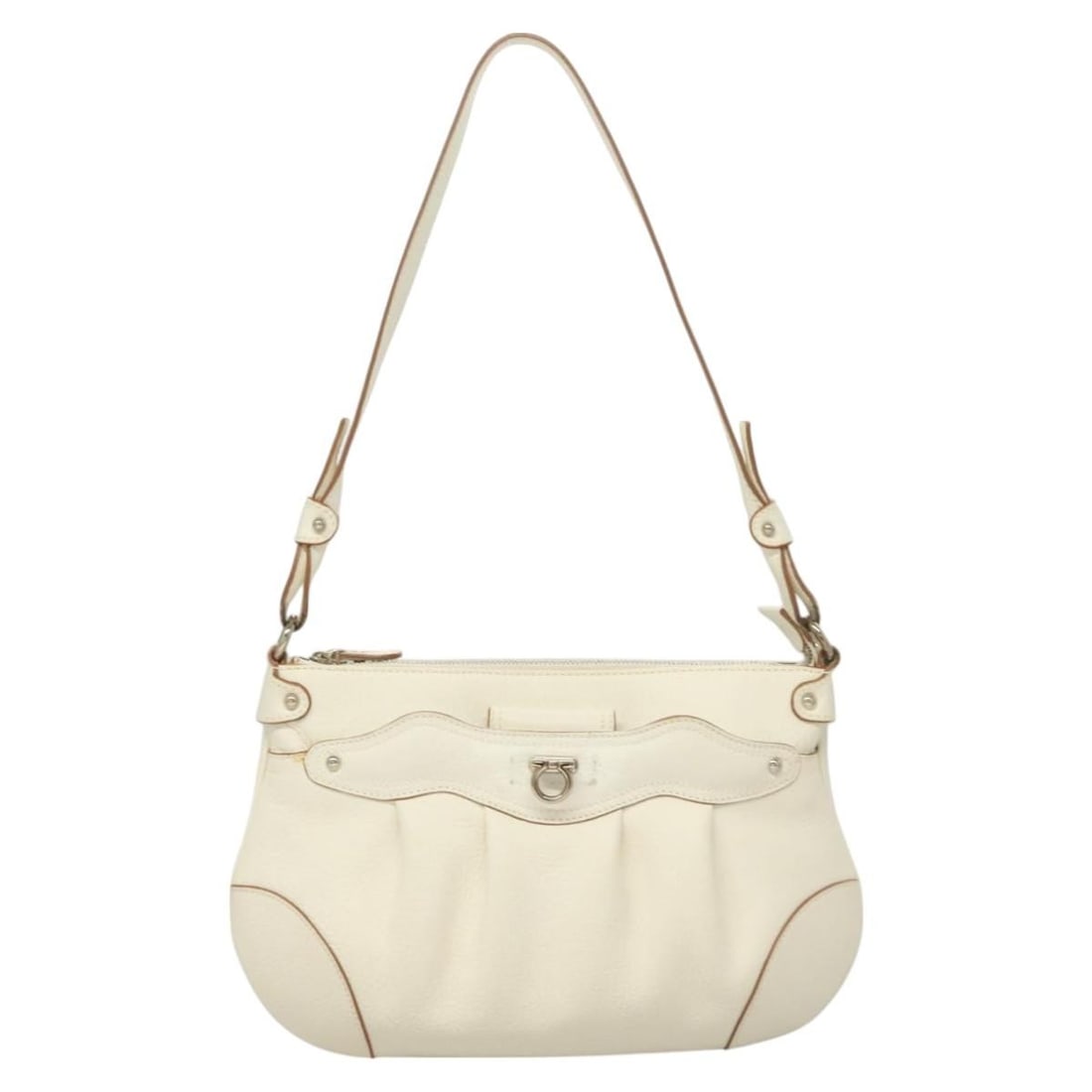 Salvatore Ferragamo White Leather Gancini Shoulder Bag: Salvatore Ferragamo White Leather Gancini Shoulder Bag This Salvatore Ferragamo Gancini shoulder bag is crafted from white leather and designed for female use. The bag features metal fittings and a sh