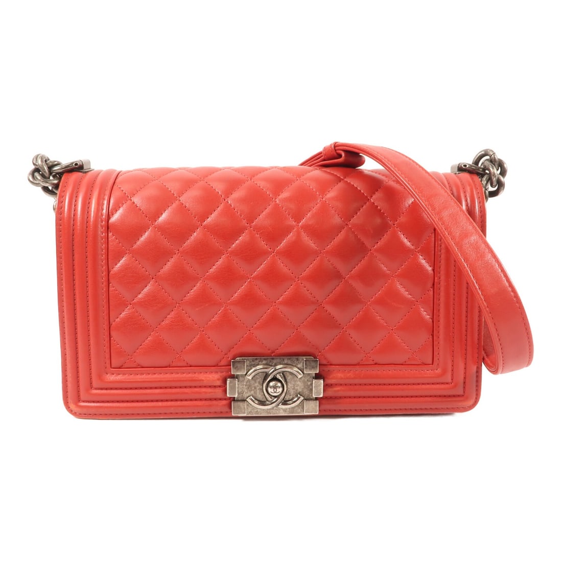 CHANEL Boy Red Calfskin Shoulder Bag with Silver Tone CC Hardware: CHANEL Boy Red Calfskin Shoulder Bag with Silver Tone CC Hardware This CHANEL Boy shoulder bag features a striking red calfskin leather exterior and silver-tone hardware. Designed for women, it offers