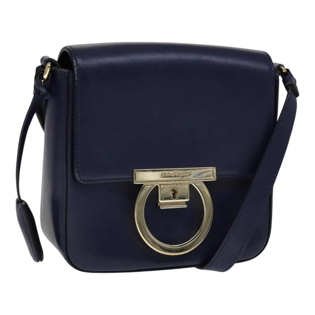 Navy Leather Gancini Shoulder Bag by Salvatore Ferragamo Gold Hardware: Navy Leather Gancini Shoulder Bag by Salvatore Ferragamo Gold Hardware This Salvatore Ferragamo Gancini shoulder bag features navy leather with gold-tone accents, designed for women. The bag is made i