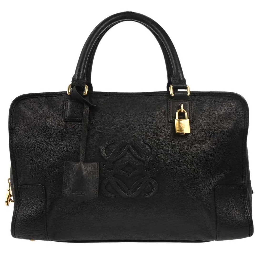 Black Leather Amazona Handbag by Loewe 36cm: Black Leather Amazona Handbag by Loewe 36cm This Loewe Amazona Bag is crafted from black leather and designed for women. It features a spacious interior and classic silhouette. The bag shows a misshap