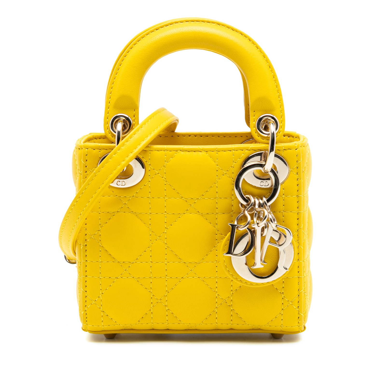 Dior Lady Dior Micro Cannage Yellow Lambskin Bag with Shoulder Strap: Dior Lady Dior Micro Cannage Yellow Lambskin Bag with Shoulder Strap This Micro Lady Dior bag features a quilted lambskin leather body in yellow, flat leather top handles, a detachable flat leather sh