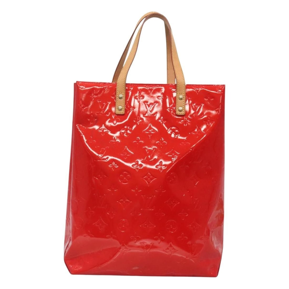 Louis Vuitton Reade Red Patent Leather Monogram Tote Bag: Louis Vuitton Reade Red Patent Leather Monogram Tote Bag This Louis Vuitton Reade Handbag features the signature Monogram Vernis in red patent leather, designed for female use. The bag shows some sign