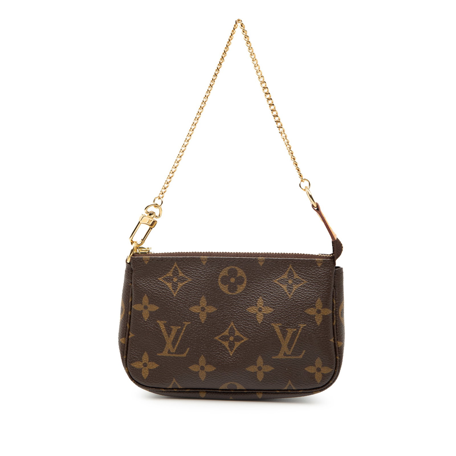 Louis Vuitton Brown Monogram Mini Bag with Gold Tone Chain Strap: Louis Vuitton Brown Monogram Mini Bag with Gold Tone Chain Strap This Louis Vuitton Mini Pochette Accessoires features a signature monogram canvas body with a gold-tone chain strap and a top zipper cl