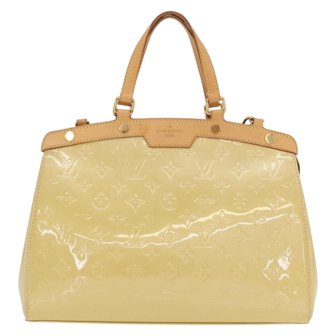 Beige Patent Leather Brea Shoulder Bag by Louis Vuitton 33cm: Beige Patent Leather Brea Shoulder Bag by Louis Vuitton 33cm This Louis Vuitton Brea handbag for women features the signature Monogram Vernis patent leather in beige. It measures 33cm x 24cm x 13cm an