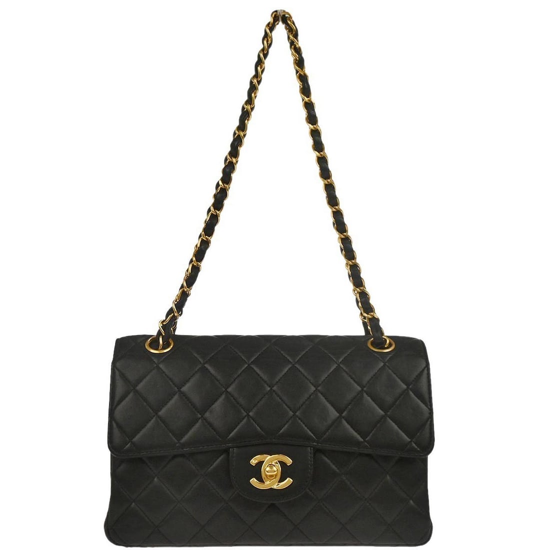 Black Quilted Lambskin Double Flap Chanel Shoulder Bag with Chain Strap: Black Quilted Lambskin Double Flap Chanel Shoulder Bag with Chain Strap This Chanel shoulder bag features luxurious black lambskin leather with a quilted pattern and a double-sided flap design. The ba