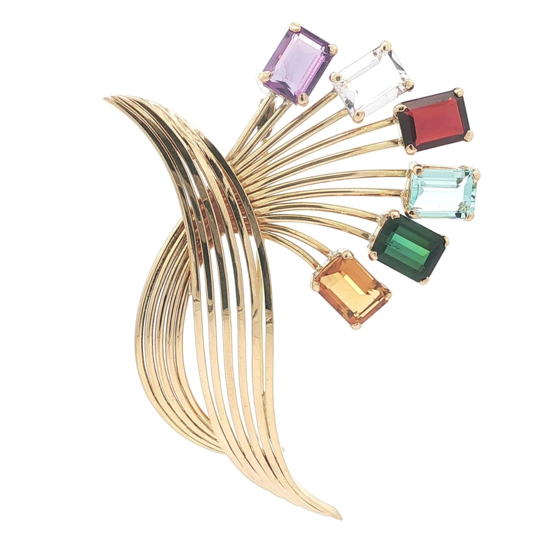 Aquamarine and Amethyst Yellow Gold Brooch with Multi Color Gemstones Vintage: Aquamarine and Amethyst Yellow Gold Brooch with Multi Color Gemstones Vintage This vintage handmade brooch features six natural, emerald-cut gemstones in multiple colors, including aquamarine, amethys
