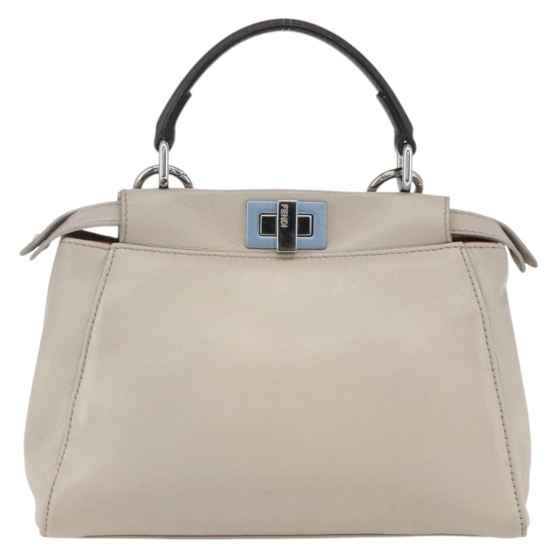 Beige Leather Fendi Peekaboo Purse 24cm by 16cm by 10cm: Beige Leather Fendi Peekaboo Purse 24cm by 16cm by 10cm This Fendi Peekaboo bag is crafted from beige leather and designed for female use. It features a structured silhouette with slight rubbing on th