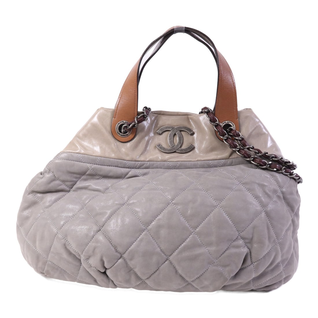 Chanel Calfskin Gray 2way Shoulder Bag with Silver Tone CC Chain: Chanel Calfskin Gray 2way Shoulder Bag with Silver Tone CC Chain This CHANEL 2-way shoulder bag features iconic CC silver-tone hardware and is crafted from gray calfskin leather. Designed for women, i