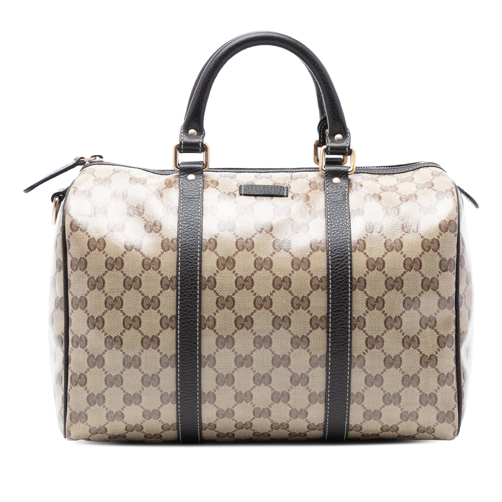 Gucci Joy Boston Medium GG Crystal Coated Canvas Handbag with Leather Trim: Gucci Joy Boston Medium GG Crystal Coated Canvas Handbag with Leather Trim This Gucci Medium GG Crystal Joy Boston Bag features a coated canvas body with leather trim, rolled leather handles, a top zi