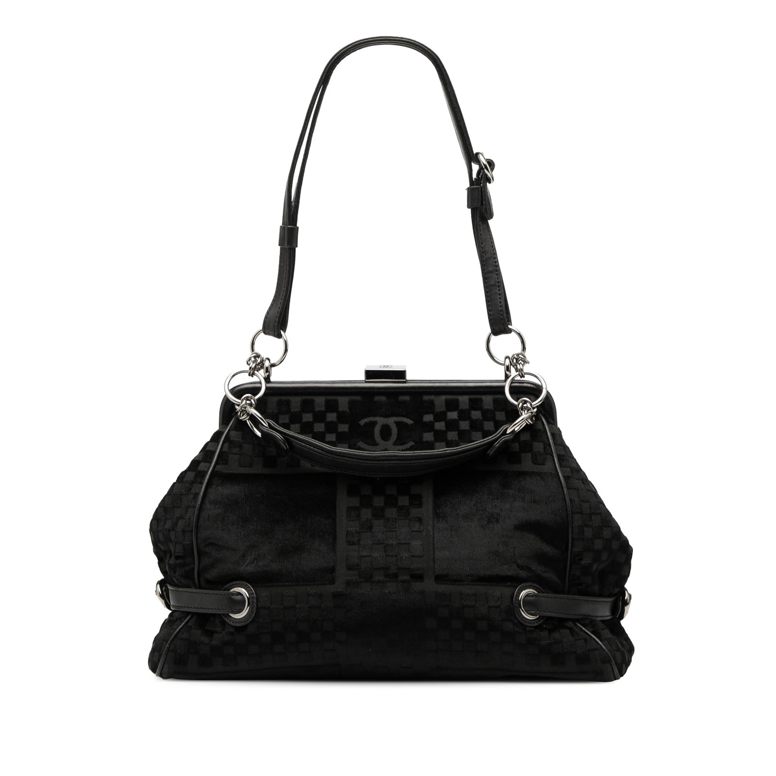 Chanel CC Check Velvet Belted Frame Shoulder Bag Black (1 of 7)