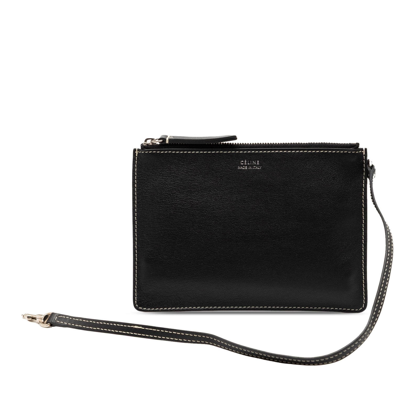 Black Leather Wristlet Clutch by Celine with Detachable Strap: Black Leather Wristlet Clutch by Celine with Detachable Strap This Celine clutch features a black leather body with a detachable flat leather wrist strap and a top zip closure. The bag shows signs of