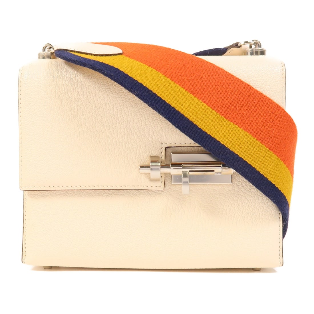 Verrou Mini White Chevre Leather Shoulder Bag with Palladium Hardware by Hermes: Verrou Mini White Chevre Leather Shoulder Bag with Palladium Hardware by Hermes This Hermes Verrou Mini shoulder bag is crafted from white goatskin leather and features a sleek design with palladium h