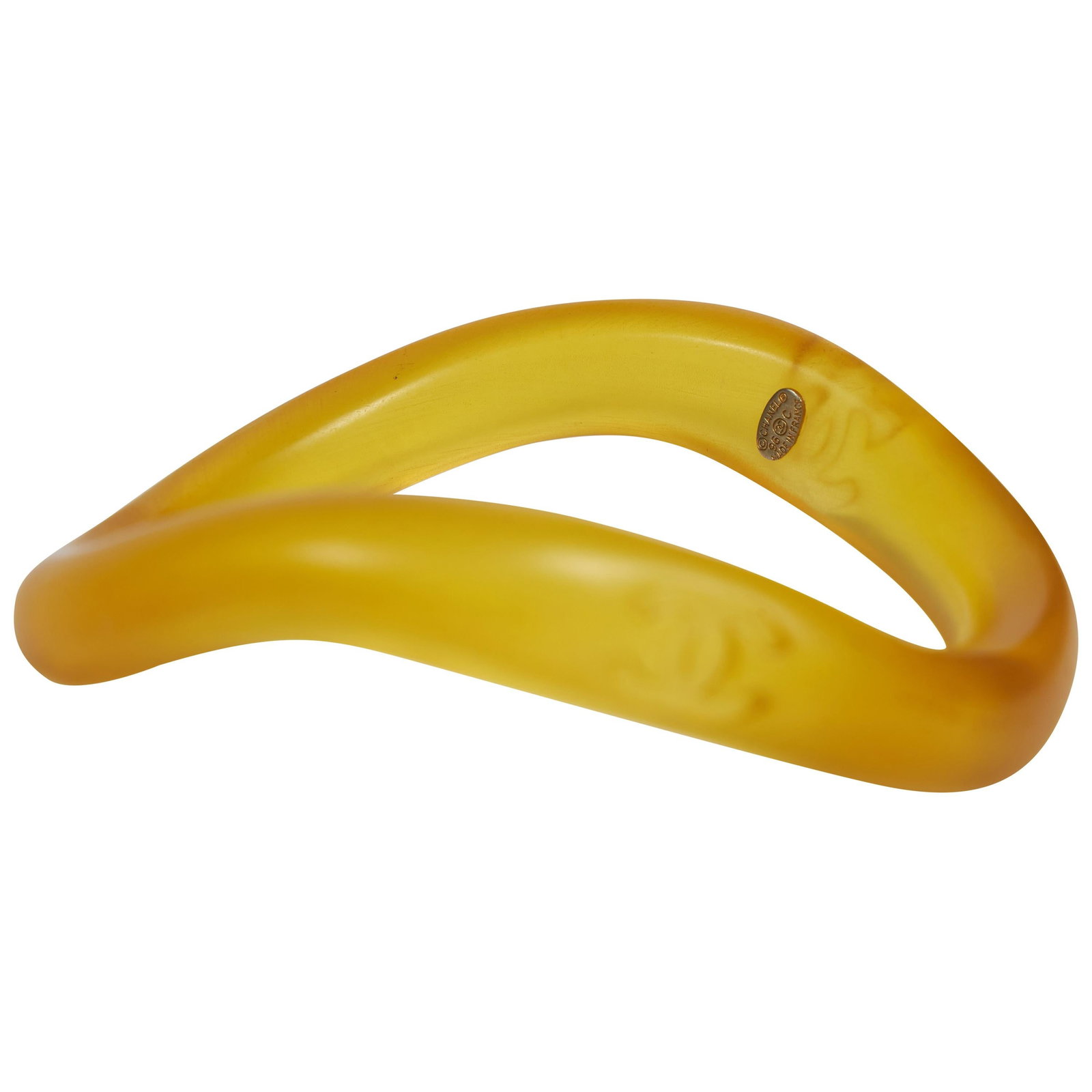 Chanel Cruise 96 Irregular Yellow Resin Bangle Bracelet: Chanel Cruise 96 Irregular Yellow Resin Bangle Bracelet This stunning Chanel irregular yellow resin bangle is a striking accessory that embodies the essence of 90s fashion. Crafted from high-quality r