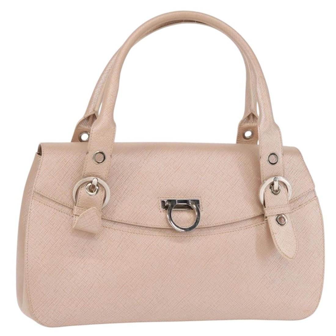 Salvatore Ferragamo Pink Leather Gancini Shoulder Bag: Salvatore Ferragamo Pink Leather Gancini Shoulder Bag This Salvatore Ferragamo Gancini shoulder bag for women features pink leather construction with a compact design. It is pre-owned and in good cond