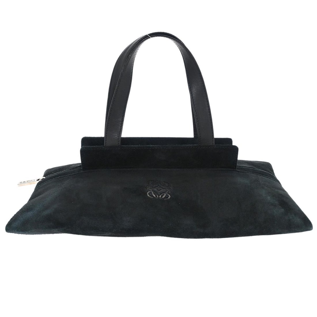 Loewe Anagram Medium Black Suede Top Handle Bag: Loewe Anagram Medium Black Suede Top Handle Bag This Loewe Anagram handbag features a black suede leather exterior with double leather handles and a secure zip closure. The medium-sized top handle bag