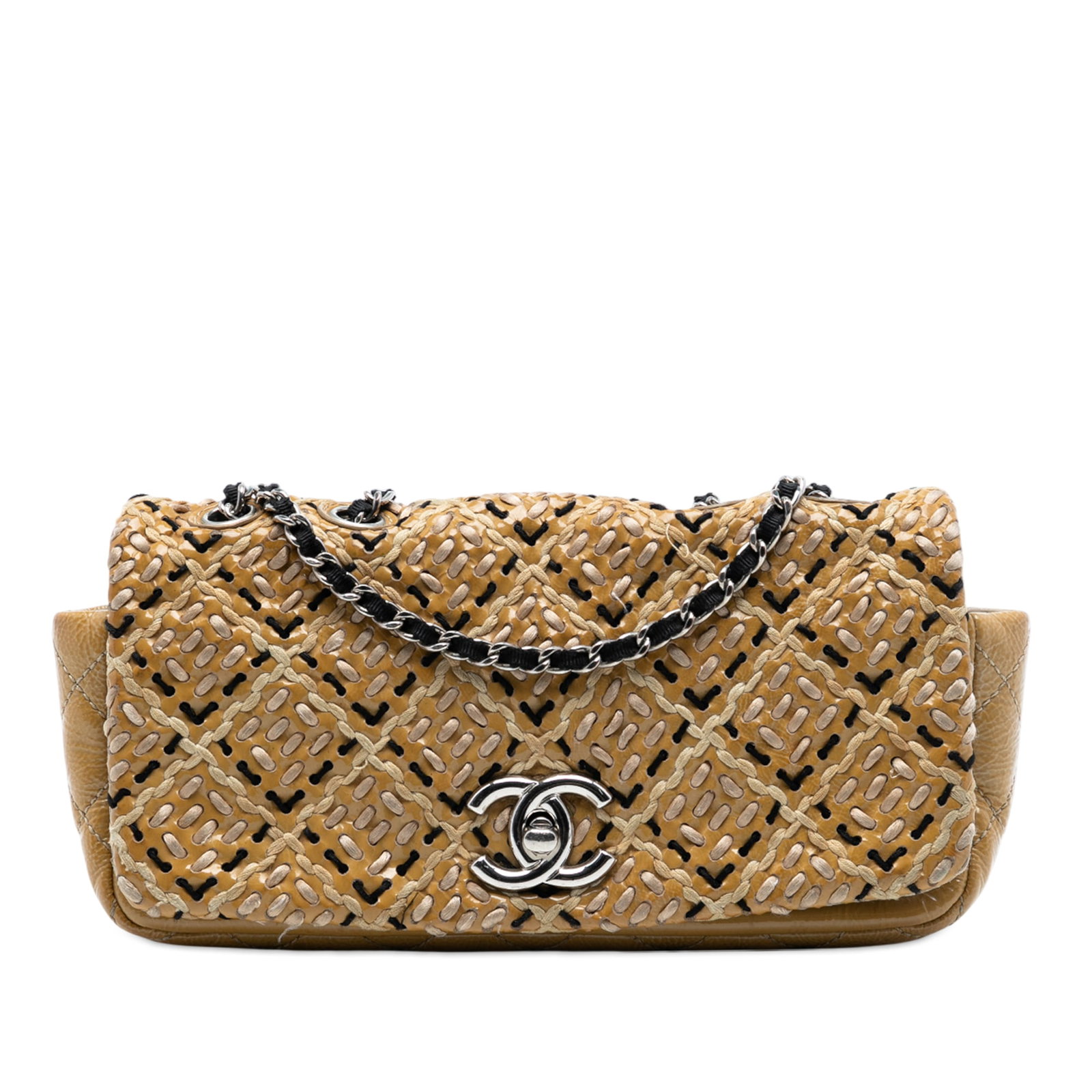 Chanel Woven Stitch Patent Leather Shoulder Bag with CC Flap Closure: Chanel Woven Stitch Patent Leather Shoulder Bag with CC Flap Closure This Chanel shoulder bag features a brown patent leather body with a woven stitch design. It is accented by a leather-woven chain s