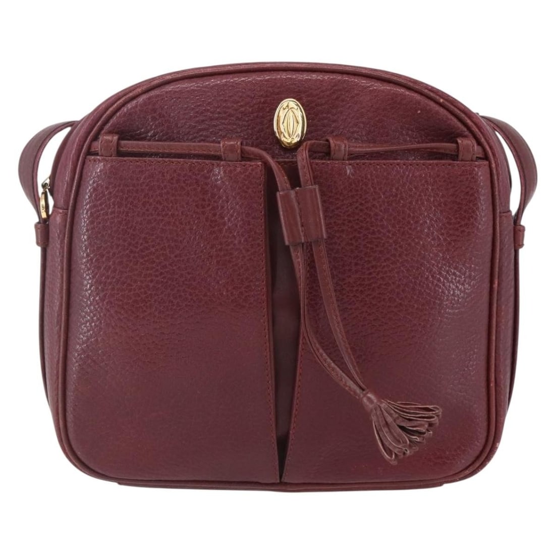 Must de Cartier Burgundy Leather Shoulder Bag 19cm for Women: Must de Cartier Burgundy Leather Shoulder Bag 19cm for Women This pre-owned Must de Cartier shoulder bag features a burgundy leather exterior and is designed for women. The bag shows signs of use, inc