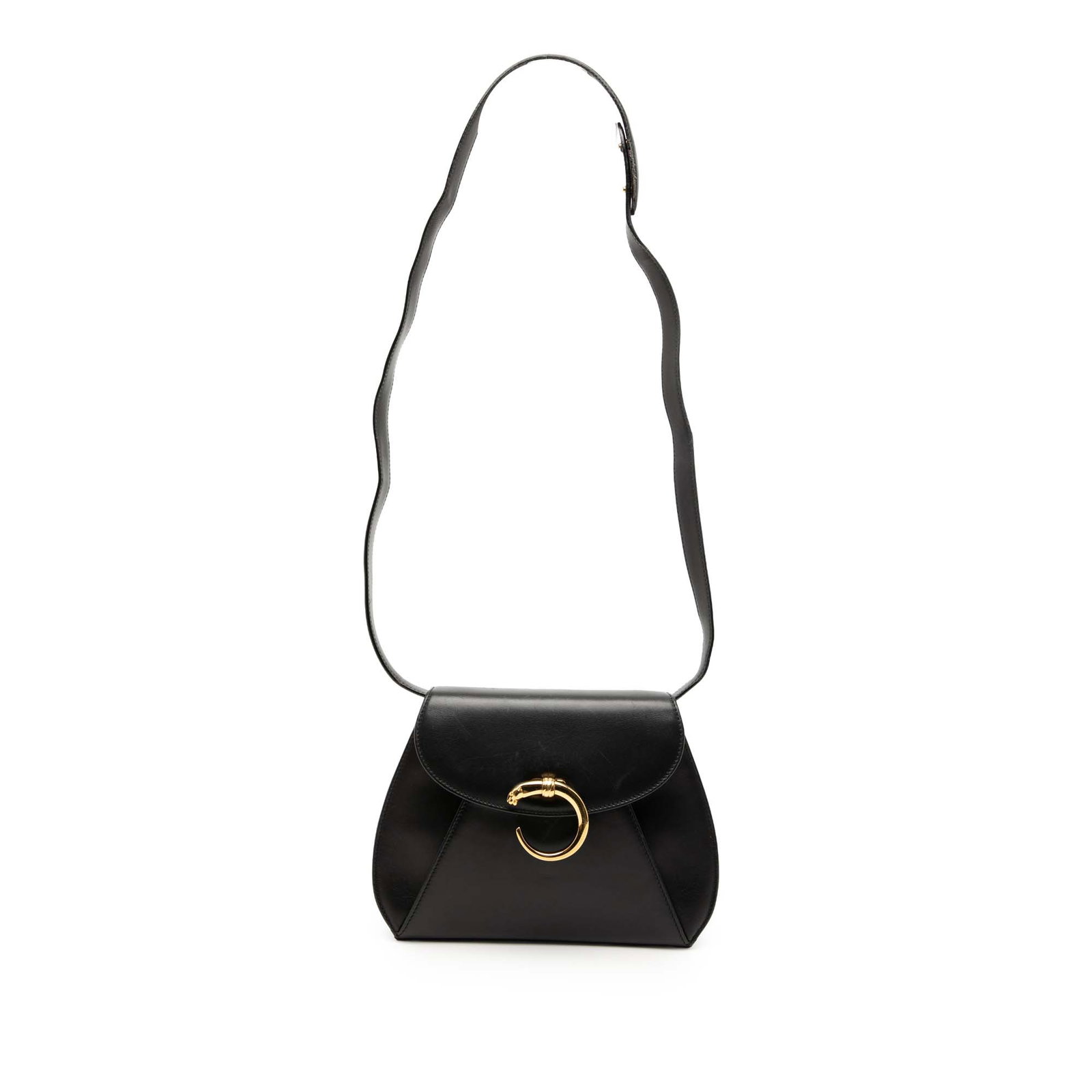 Cartier Panthere Black Leather Crossbody Bag with Flap and Strap: Cartier Panthere Black Leather Crossbody Bag with Flap and Strap This Cartier Panthere crossbody bag features a black leather body with a flat leather strap and a front flap secured by a magnetic clos