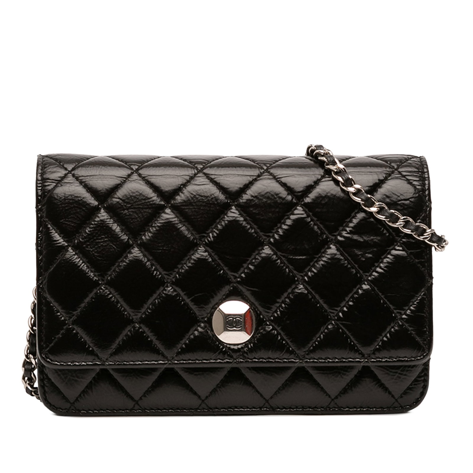 Chanel Crinkled Patent Leather Quilted Wallet on Chain Black Bag: Chanel Crinkled Patent Leather Quilted Wallet on Chain Black Bag This Chanel CC Quilted Crinkled Patent Wallet On Chain features a black quilted patent leather body with a leather-woven chain link str