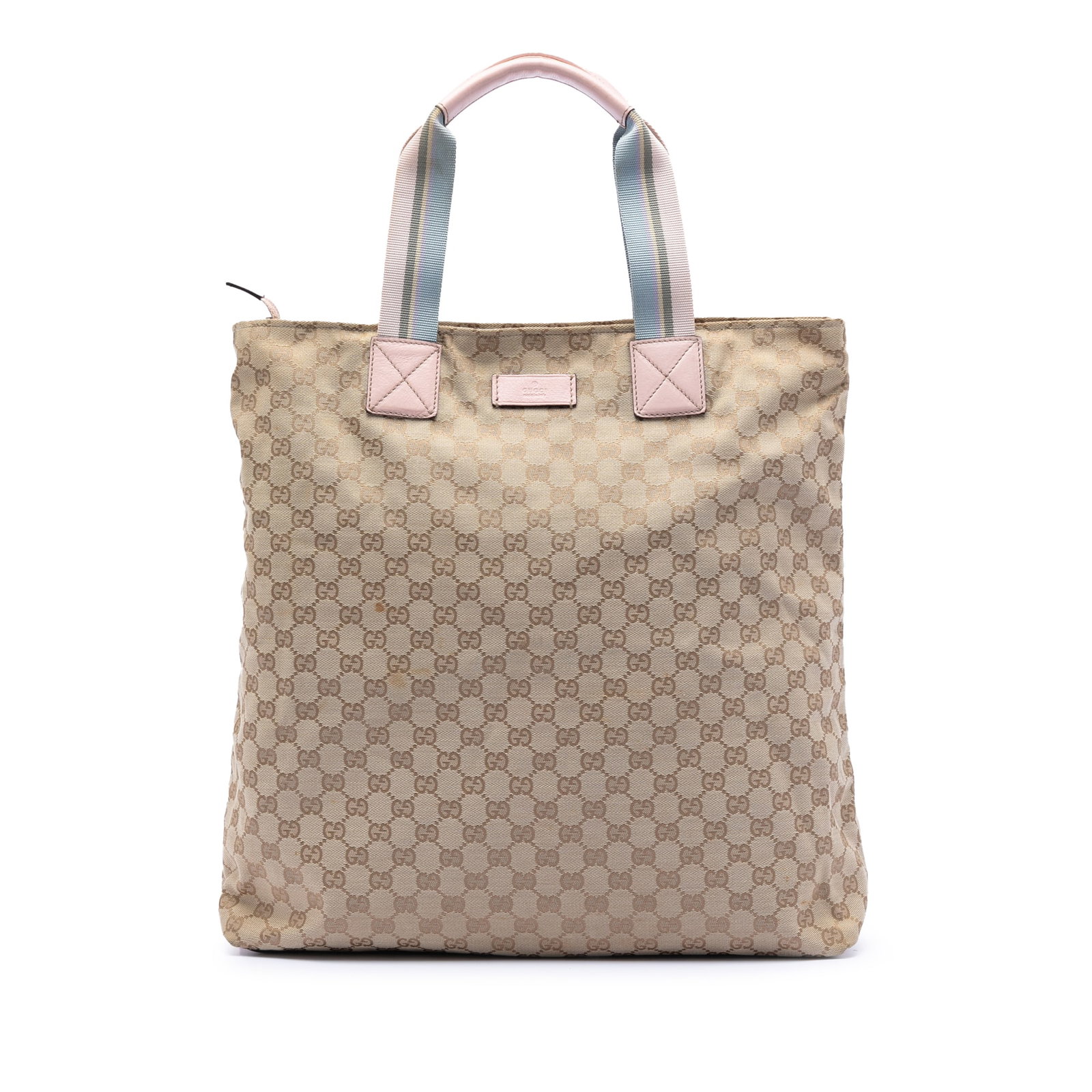 GG Canvas Web Vertical Tote Bag with Leather Trim by Gucci: GG Canvas Web Vertical Tote Bag with Leather Trim by Gucci This Gucci GG Canvas Web Vertical Tote features a durable canvas body with leather trim, flat leather handles accented by signature web strap