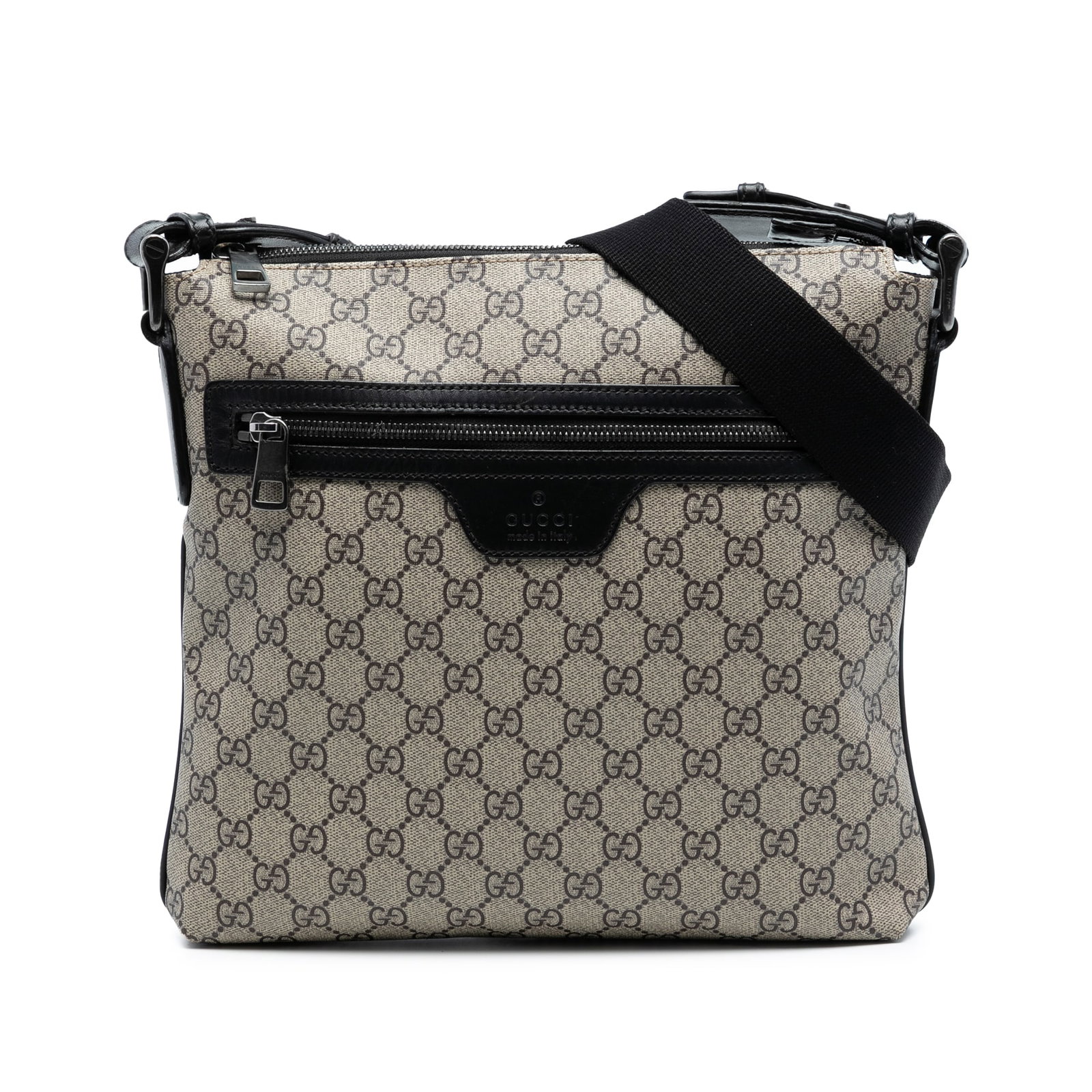 Gucci GG Supreme Beige Coated Canvas Crossbody Bag with Leather Trim: Gucci GG Supreme Beige Coated Canvas Crossbody Bag with Leather Trim This Gucci GG Supreme Crossbody bag is crafted from coated canvas with leather trim. It features an adjustable flat strap, a top zi