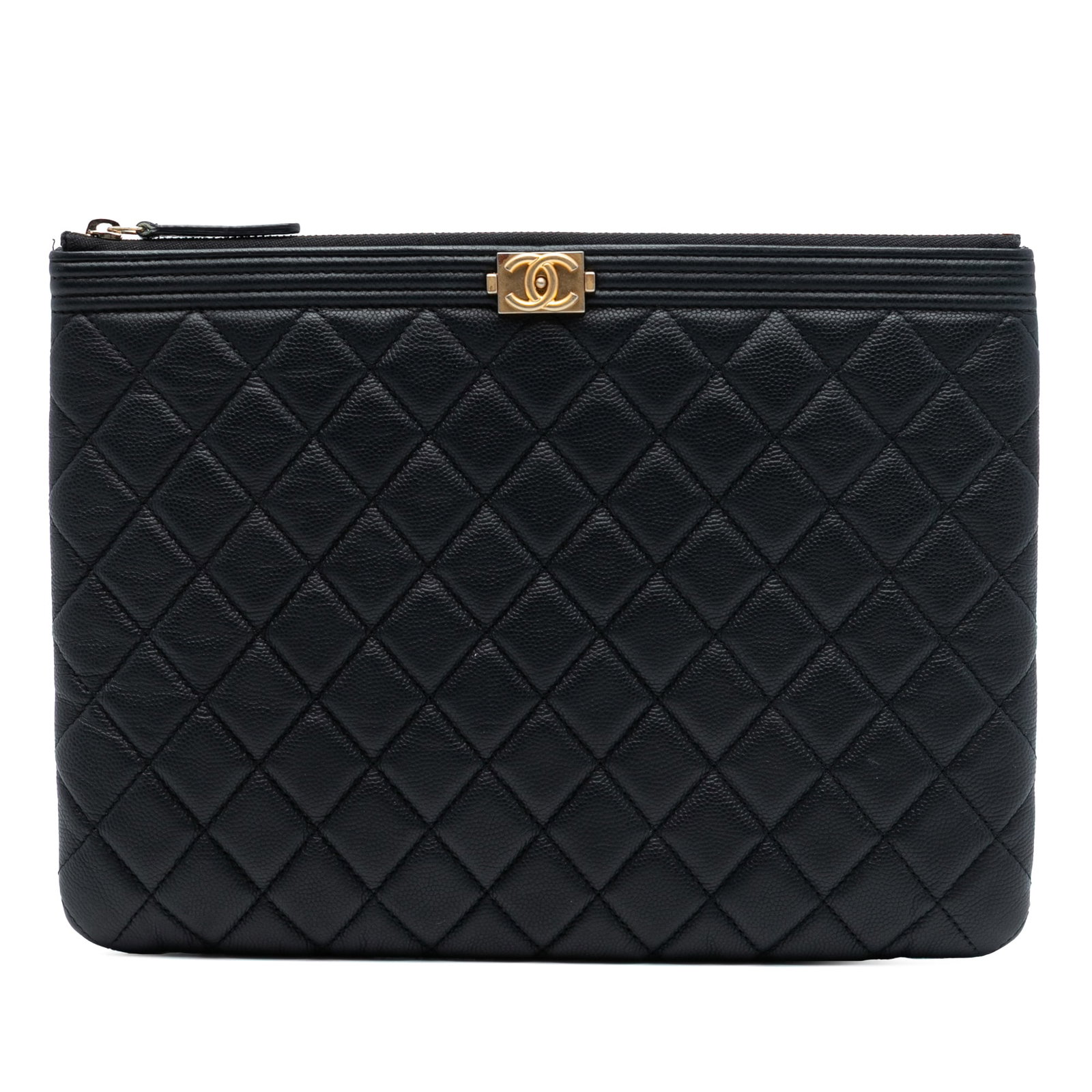Black Chanel Boy O Case Quilted Caviar Leather Medium Clutch Bag: Black Chanel Boy O Case Quilted Caviar Leather Medium Clutch Bag This Chanel Medium Quilted Caviar Boy O Case Clutch features a black quilted caviar leather body with a top zip closure. The exterior a