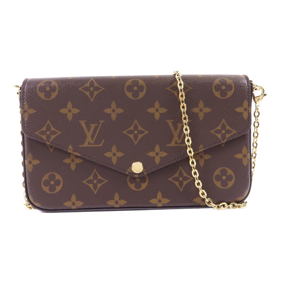 Louis Vuitton Felicie Pochette Monogram Shoulder Bag with Gold Hardware: Louis Vuitton Felicie Pochette Monogram Shoulder Bag with Gold Hardware This Louis Vuitton Felicie Pochette chain shoulder bag features a monogram brown PVC coated canvas exterior with red accents. De