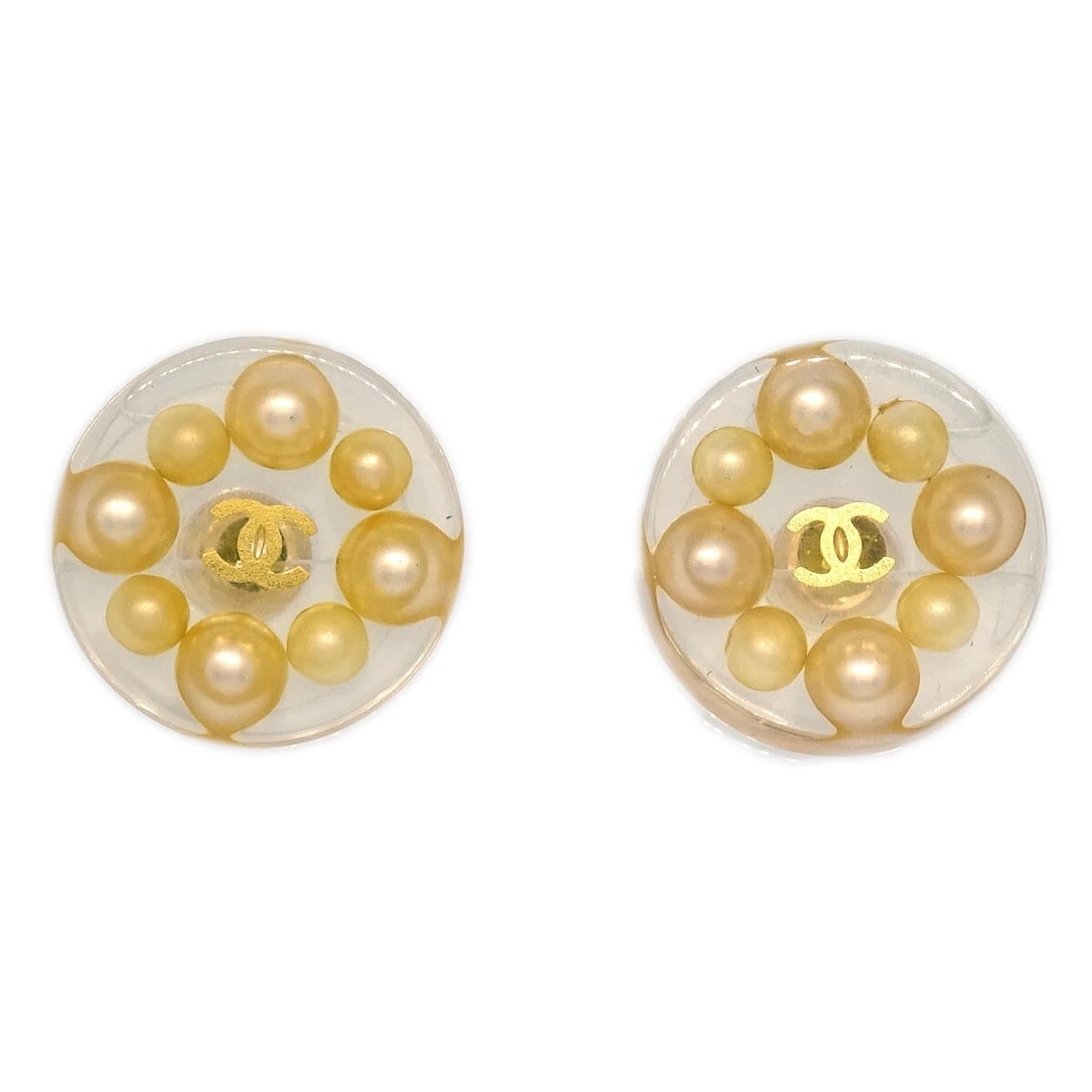 Chanel Gold-Plated Button Piercing Earrings with Artificial Pearls: Chanel Gold-Plated Button Piercing Earrings with Artificial Pearls Elevate your style with these exquisite Chanel Button Piercing Earrings featuring artificial pearls. Crafted with a gold-plated finis