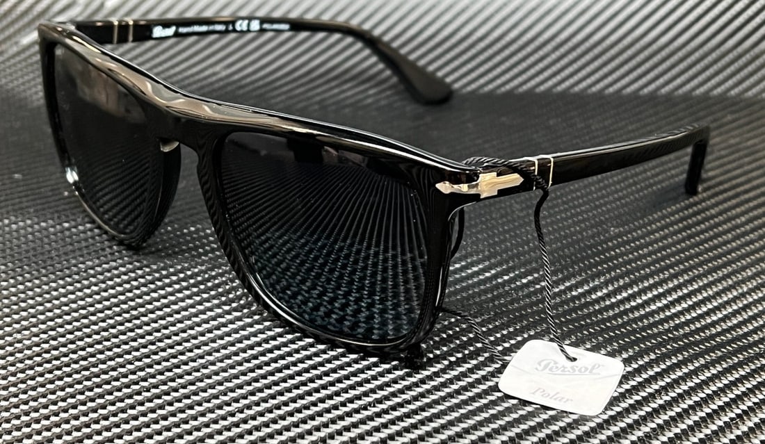 Persol PO3336S 95 S3 Black Polarized Sunglasses with Certification: Persol PO3336S 95 S3 Black Polarized Sunglasses with Certification Elevate your eyewear collection with these PERSOL PO3336S 95 S3 sunglasses. Featuring a sleek black frame, these unisex sunglasses ar