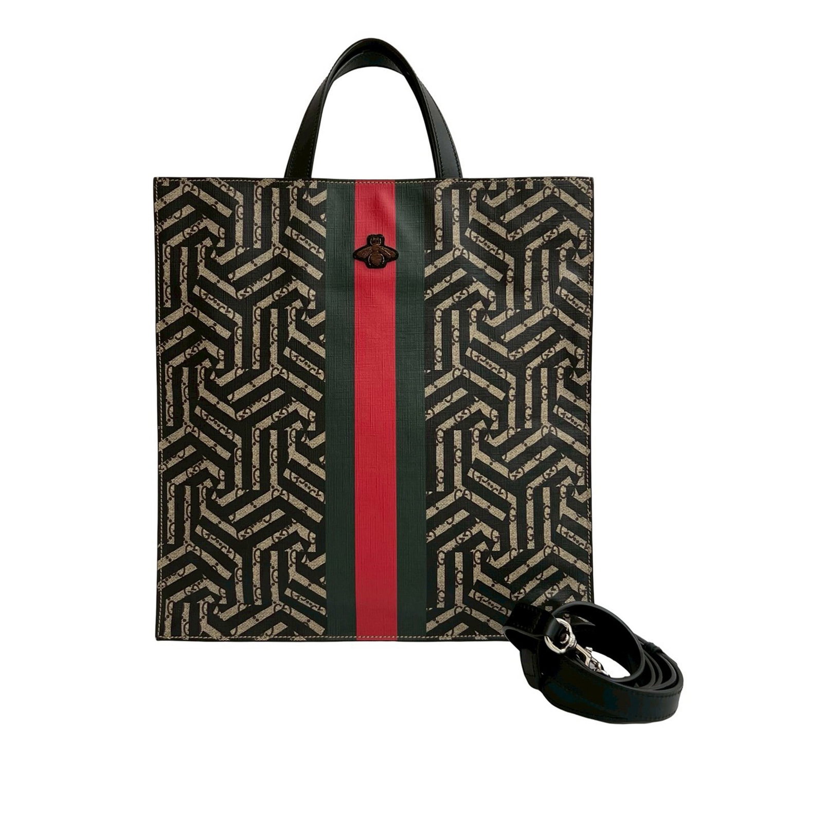 Gucci GG Supreme Caleido Web Canvas Vertical Tote Bag: Gucci GG Supreme Caleido Web Canvas Vertical Tote Bag The Gucci GG Supreme Caleido Web Vertical Tote is crafted from coated canvas with flat leather handles and features an open top with a magnetic sn