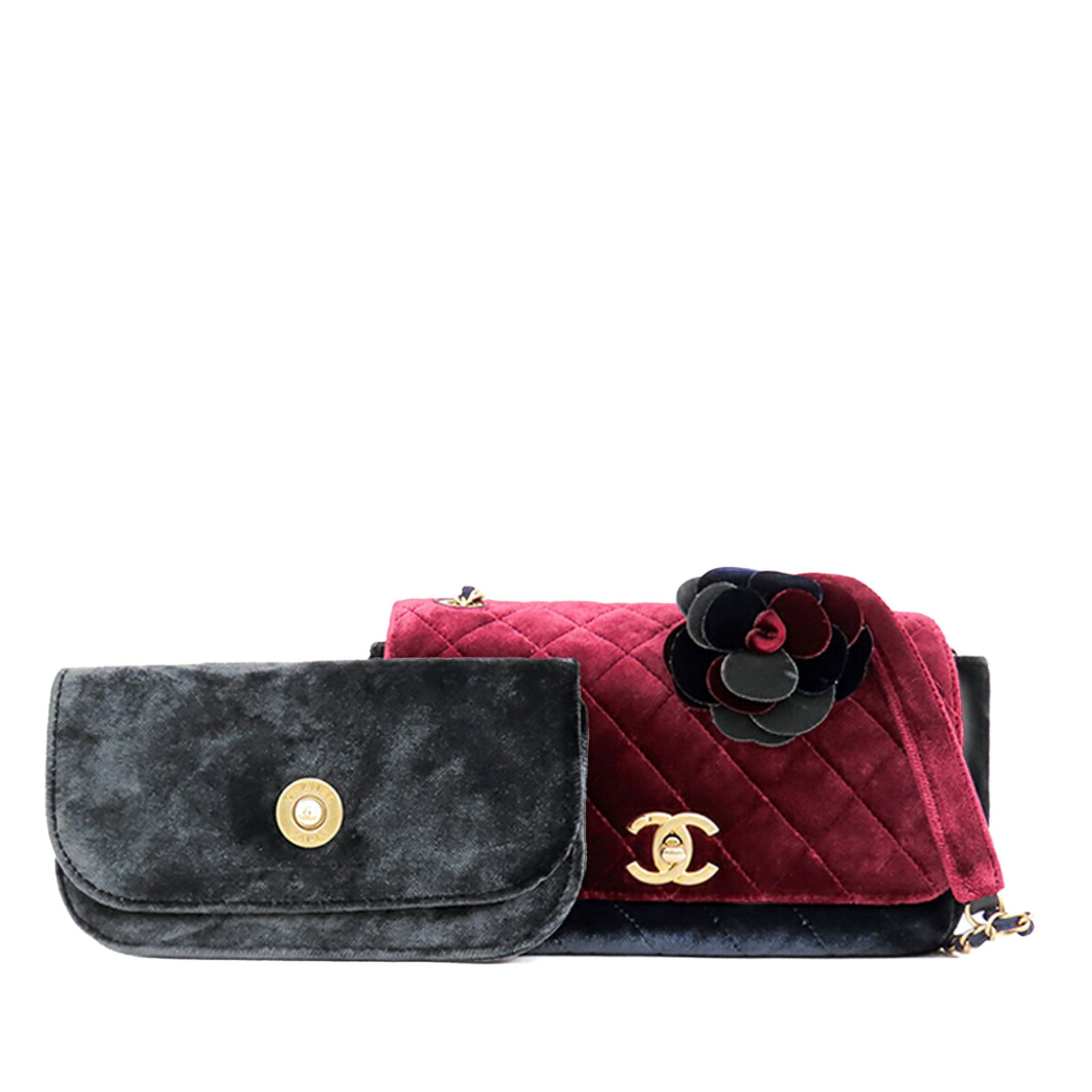 Medium Blue Velvet Camellia Flap Crossbody Bag with CC Closure: Medium Blue Velvet Camellia Flap Crossbody Bag with CC Closure This Chanel Medium Quilted Velvet Private Affair Camellia Flap crossbody bag features a quilted velvet body with a leather-woven chain st