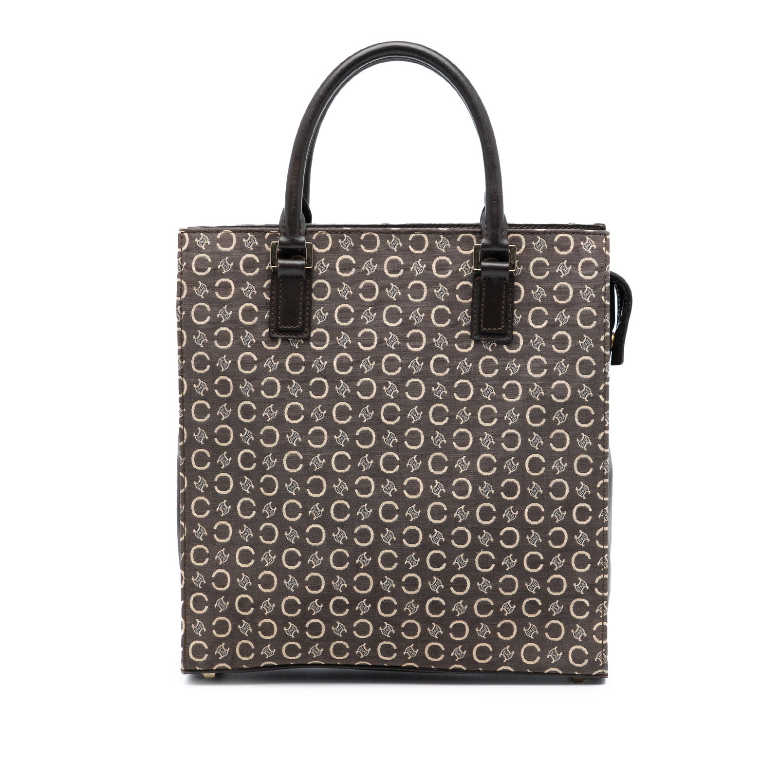 C Macadam Canvas Brown Tote Bag by Celine with Leather Handles: C Macadam Canvas Brown Tote Bag by Celine with Leather Handles The Celine C Macadam Canvas Tote is crafted with a brown canvas body and features rolled leather handles. It is designed with a top zip c