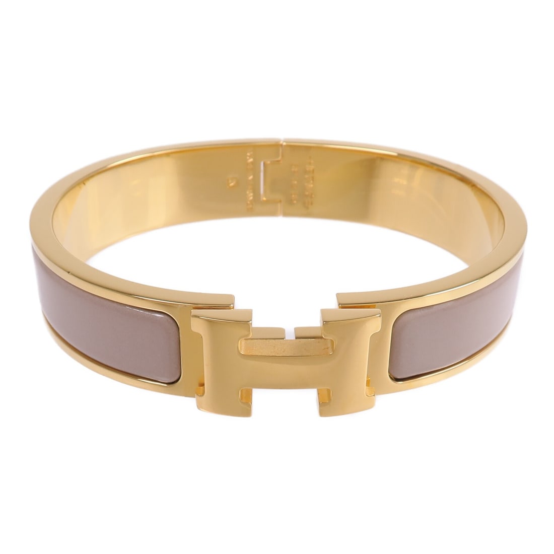 Hermes Clic H Gray Enamel and Gold Tone Women's Bracelet: Hermes Clic H Gray Enamel and Gold Tone Women's Bracelet This Hermes Clic H bracelet features a gray enamel design with gold-tone metal accents. Designed for women, it showcases the brand's iconic sty