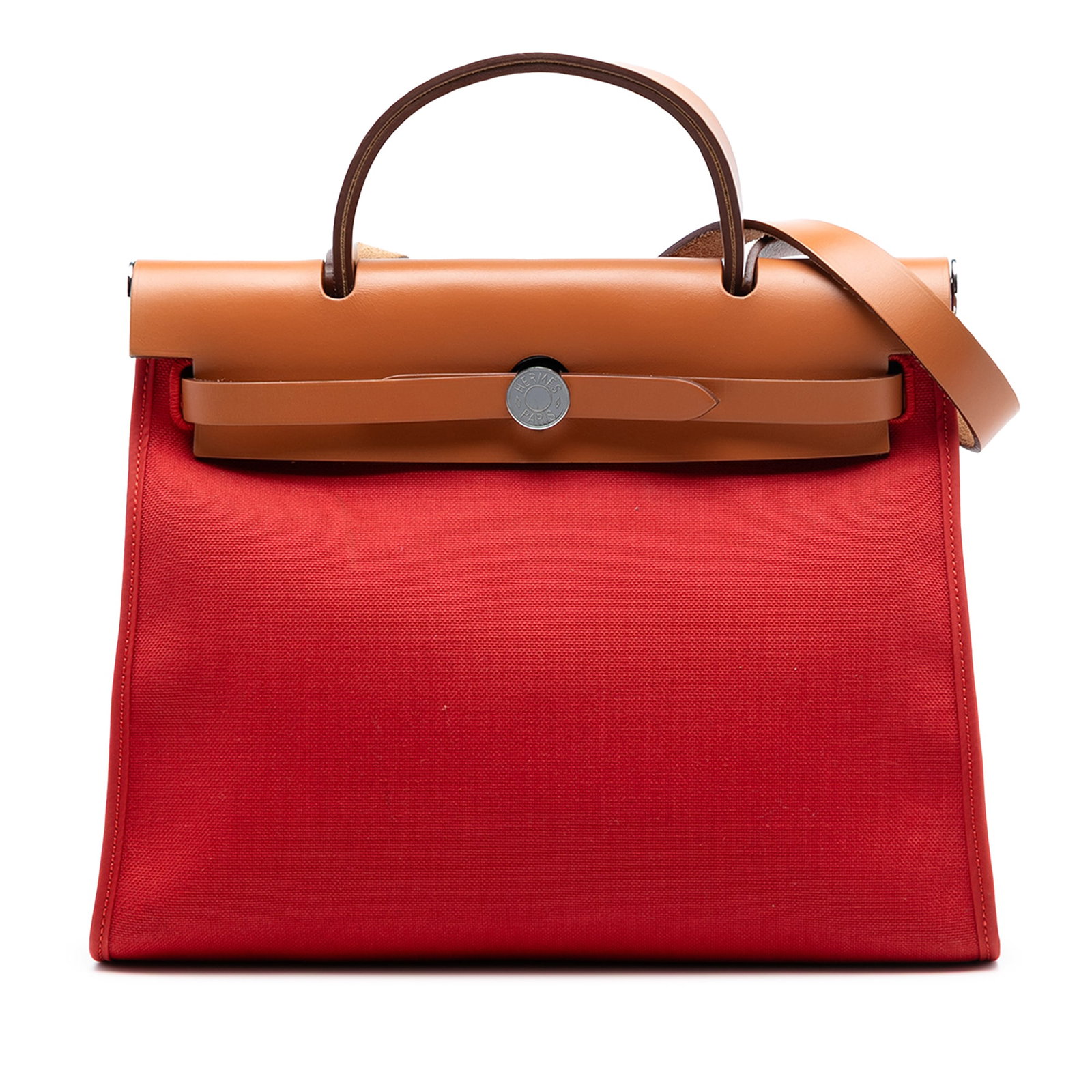 Orange Canvas and Leather Herbag Zip 31 Shoulder Bag by Hermes: Orange Canvas and Leather Herbag Zip 31 Shoulder Bag by Hermes The Hermes Toile Herbag Zip 31 features a canvas body with leather trim, a flat leather top handle, a flat leather shoulder strap, a fron