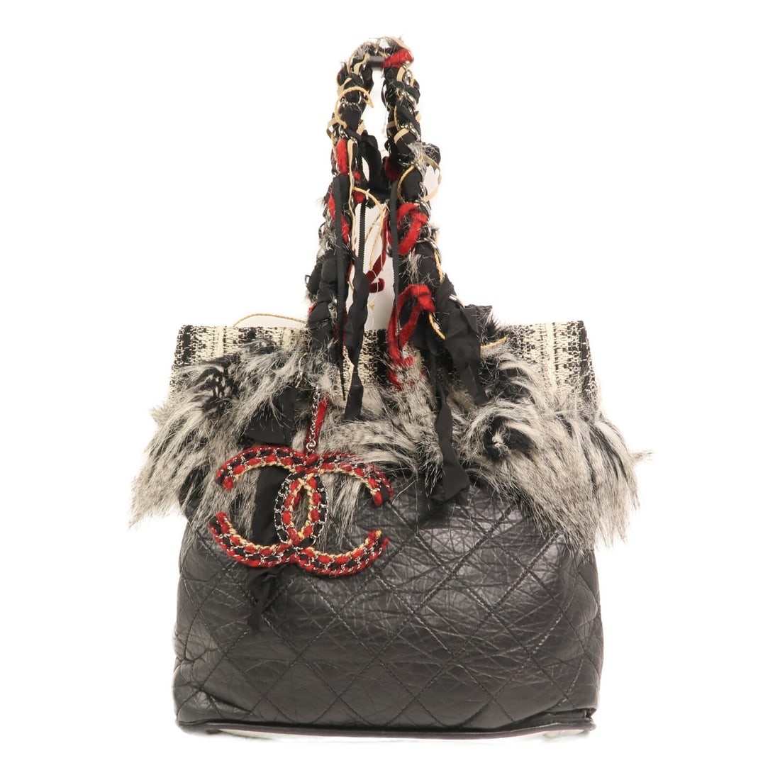 Chanel Black Calfskin Leather Cotton Chain Shoulder Bag with Silver Tone Hardware: Chanel Black Calfskin Leather Cotton Chain Shoulder Bag with Silver Tone Hardware This CHANEL chain shoulder bag features black calfskin leather and cotton with signature CC detailing. Designed for ev