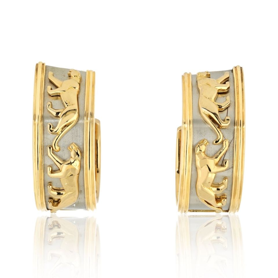 Cartier Vintage 18K Two Tone Panthere Hoop Earrings 1980s: Cartier Vintage 18K Two Tone Panthere Hoop Earrings 1980s Discover the elegance of these Cartier 18K Two Tone Walking Panthere Hoop Earrings, a vintage masterpiece from the French 1980s. Each wide hoo