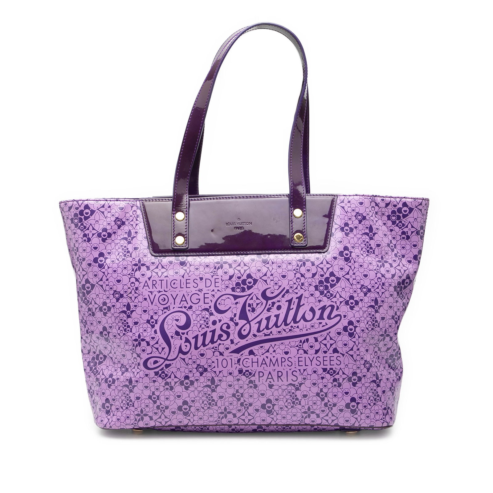 Takashi Murakami Cosmic Blossom PM Tote by Louis Vuitton in Coated Canvas: Takashi Murakami Cosmic Blossom PM Tote by Louis Vuitton in Coated Canvas This Louis Vuitton Takashi Murakami Cosmic Blossom Tote PM features a coated canvas body in a vibrant purple design, complemen