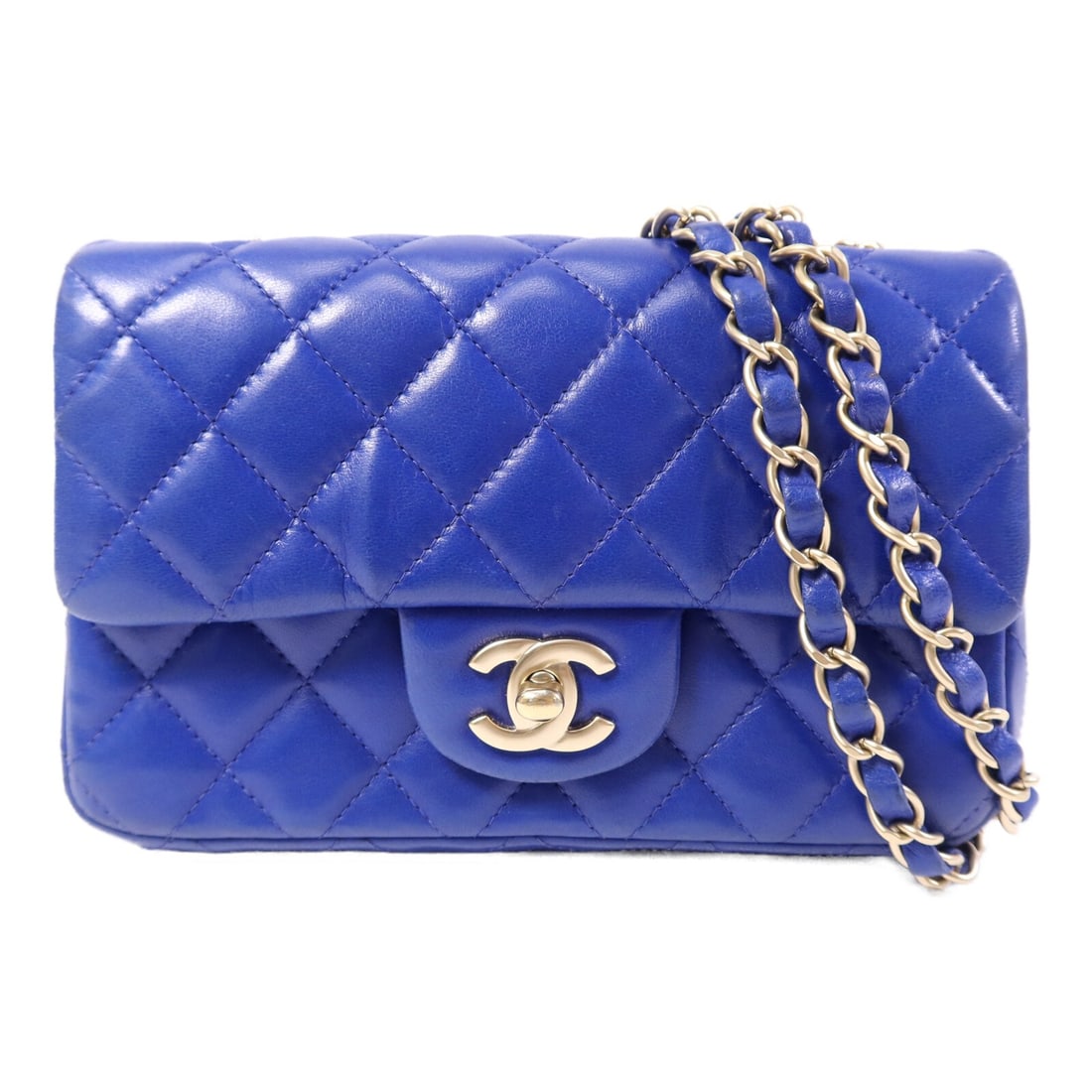 Blue Chanel Mini Classic 20 Lambskin Shoulder Bag with CC Logo and Gold Hardware: Blue Chanel Mini Classic 20 Lambskin Shoulder Bag with CC Logo and Gold Hardware This CHANEL Mini Classic 20 chain shoulder bag is crafted from blue lambskin leather and features the iconic CC logo. D