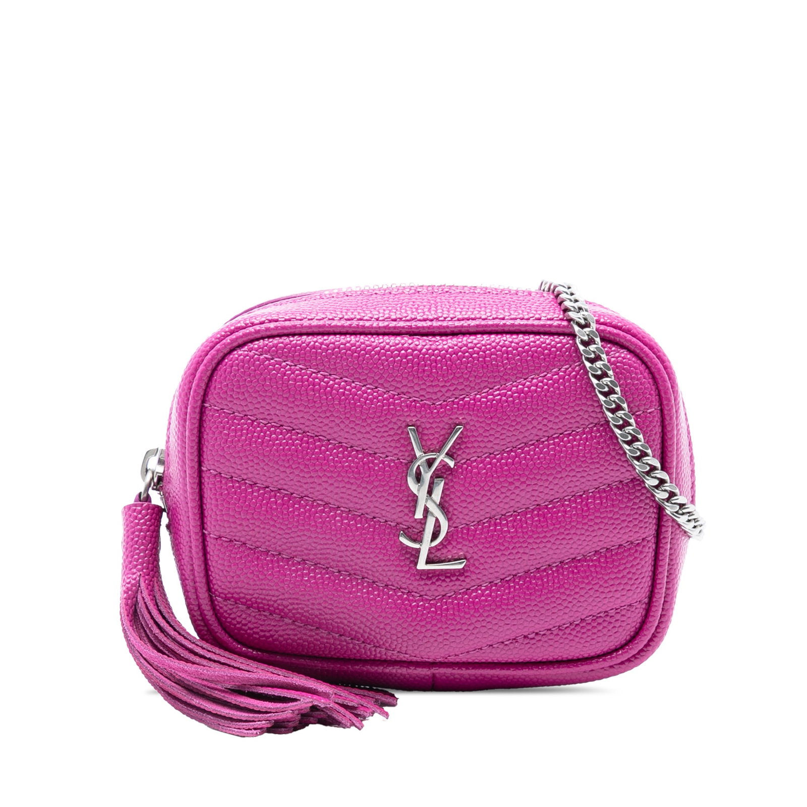 Pink Saint Laurent Lou Crossbody Baby Quilted Leather Camera Bag: Pink Saint Laurent Lou Crossbody Baby Quilted Leather Camera Bag This Saint Laurent Baby Matelasse Grain De Poudre Monogram Lou Camera Bag features a quilted leather exterior in pink, accented with a