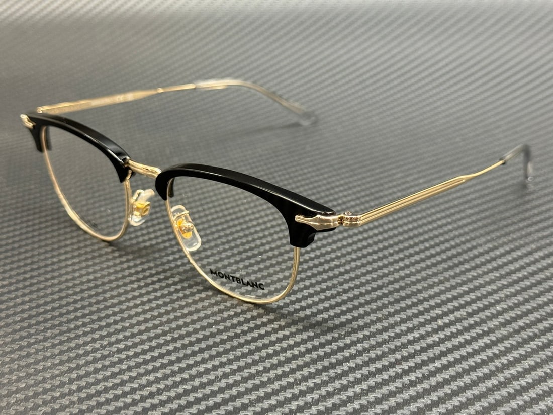 Mont Blanc MB0364O 001 Black Gold Men's Eyeglasses with Authenticity Certificate: Mont Blanc MB0364O 001 Black Gold Men's Eyeglasses with Authenticity Certificate Elevate your eyewear collection with these Mont Blanc MB0364O 001 eyeglasses, designed for the discerning gentleman. Th