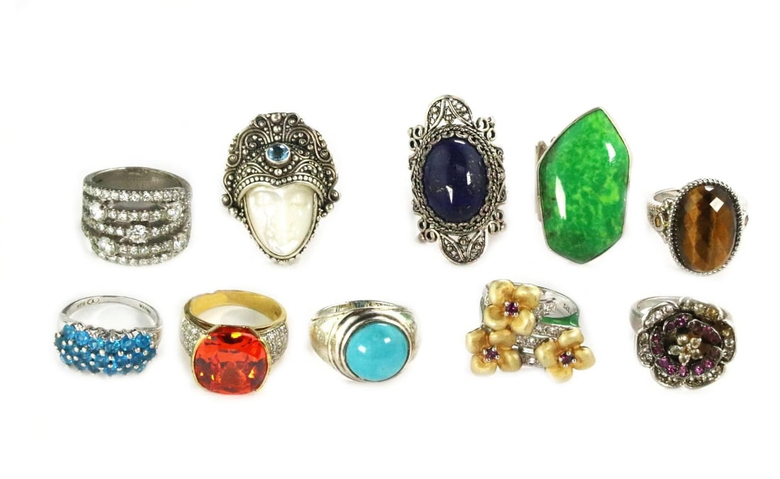 Vintage Lot of 10 Sterling Silver Rings with Turquoise Lapis Tiger's Eye CZ: Vintage Lot of 10 Sterling Silver Rings with Turquoise Lapis Tiger's Eye CZ Discover this stunning vintage lot of 10 rings, expertly crafted from sterling silver, with some featuring yellow gold overl